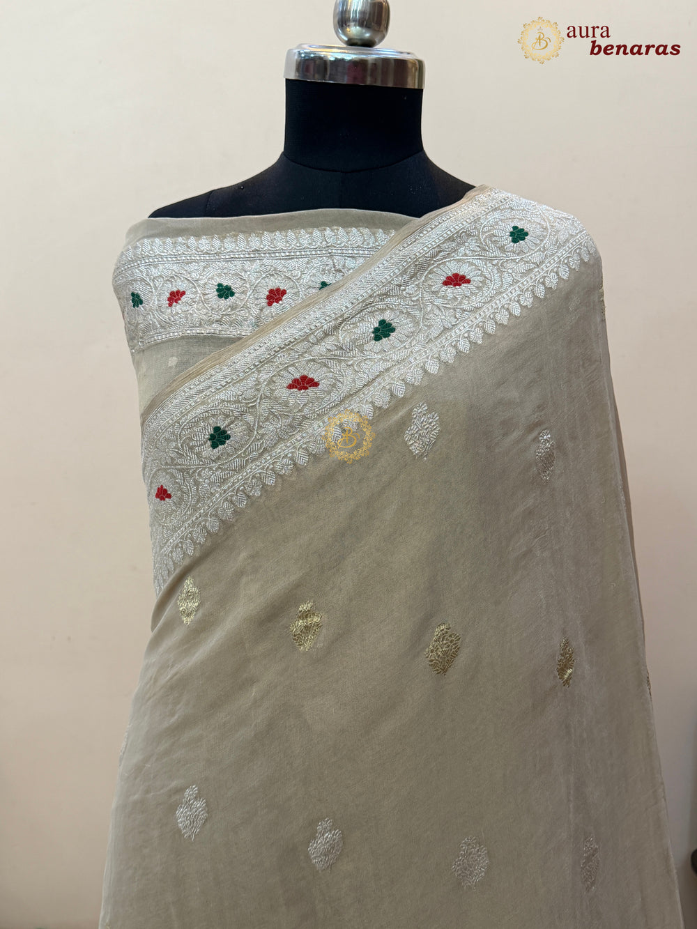 Cream Chiffon Tissue Silk Banarasi Saree with Sona Rupa