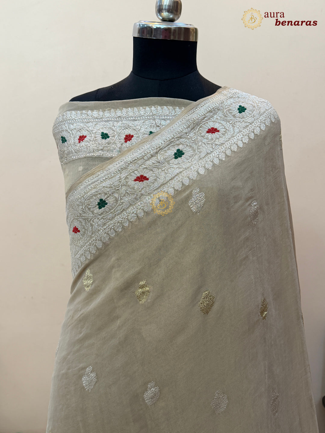 Cream Chiffon Tissue Silk Banarasi Saree with Sona Rupa