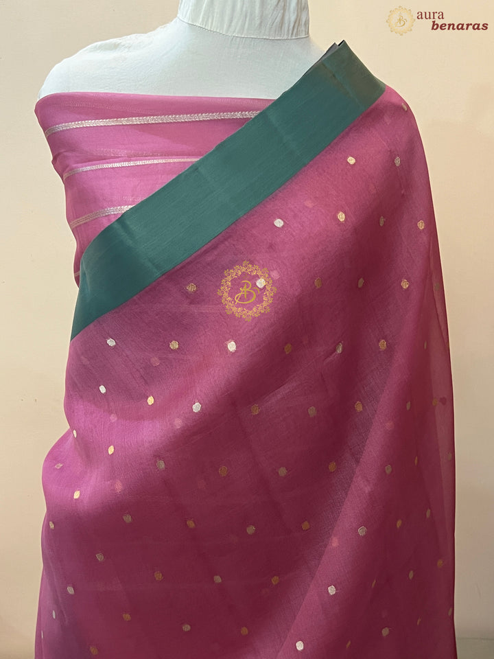 Onion Pink Pure Banarasi Handloom Kora Silk Saree with Kadhwa Buti & Mashru Border