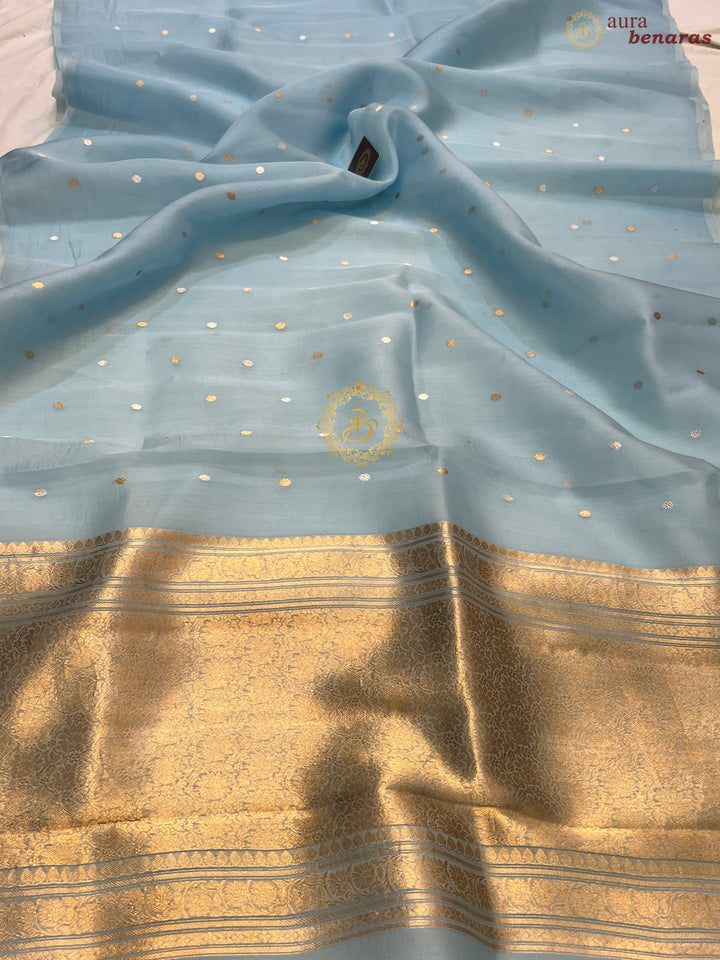 Teal Blue Pure Kora silk Handloom Banarasi Saree