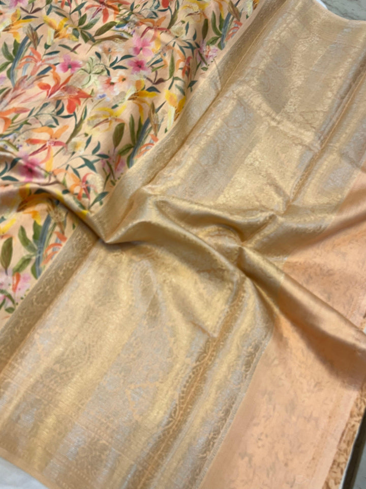 Peach Banarasi Handloom Chiniya Silk Saree - Aura Benaras