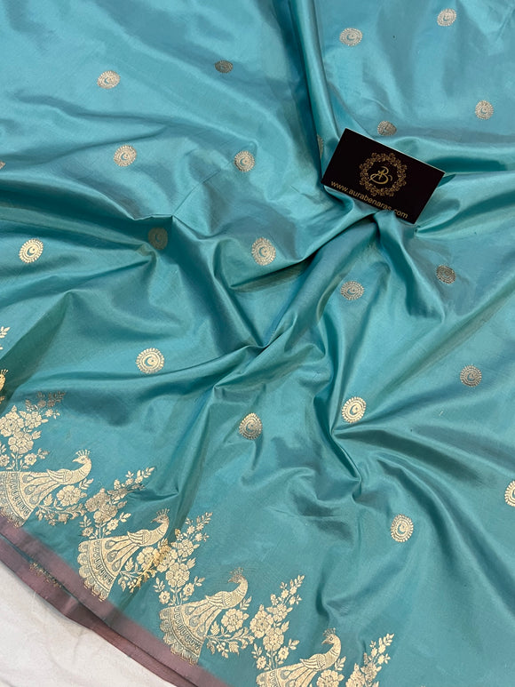 Light Blue Banarasi Handloom Katan Silk Saree - Aura Benaras