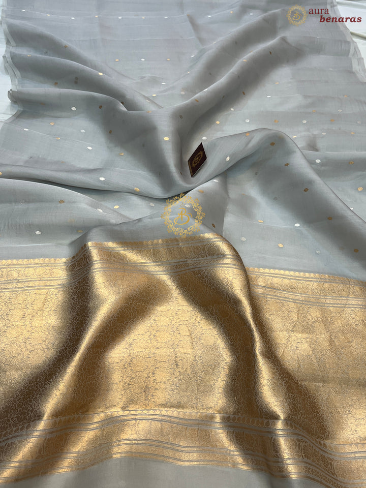 Ice Grey Pure Kora silk Handloom Banarasi Saree