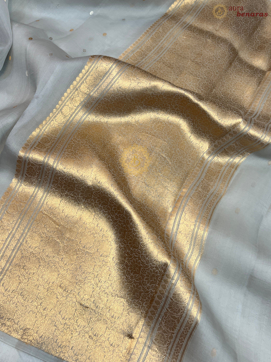 Ice Grey Pure Kora silk Handloom Banarasi Saree