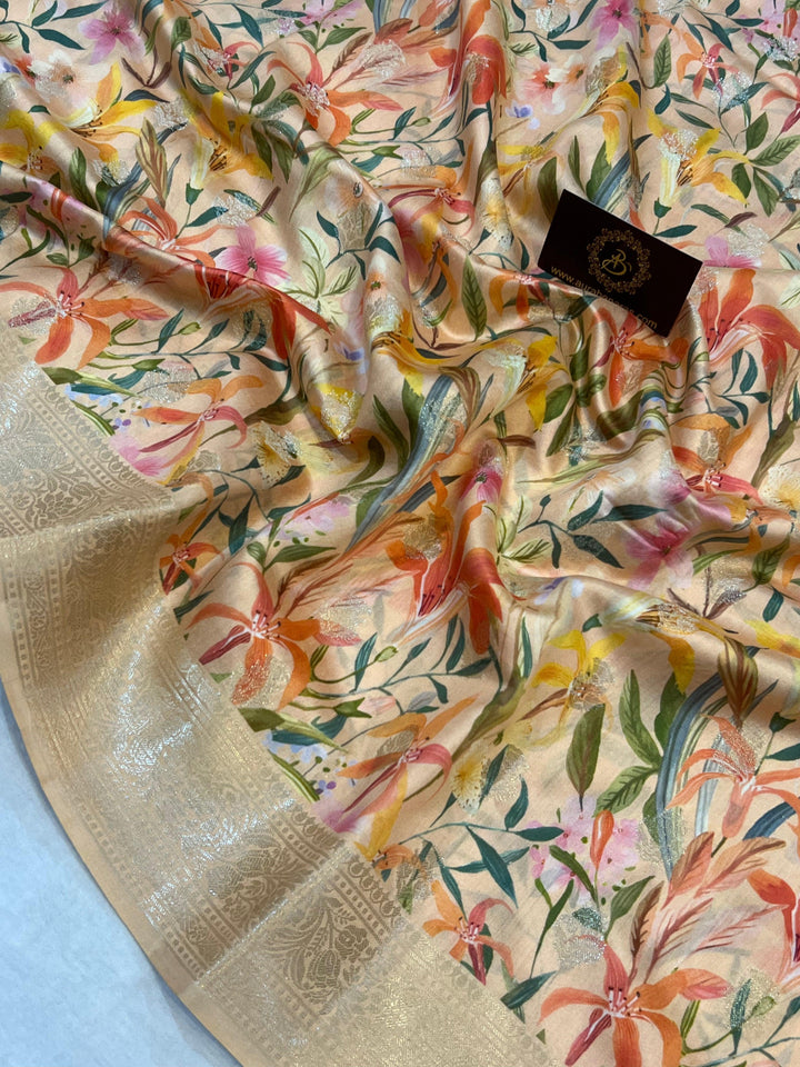 Peach Banarasi Handloom Chiniya Silk Saree - Aura Benaras