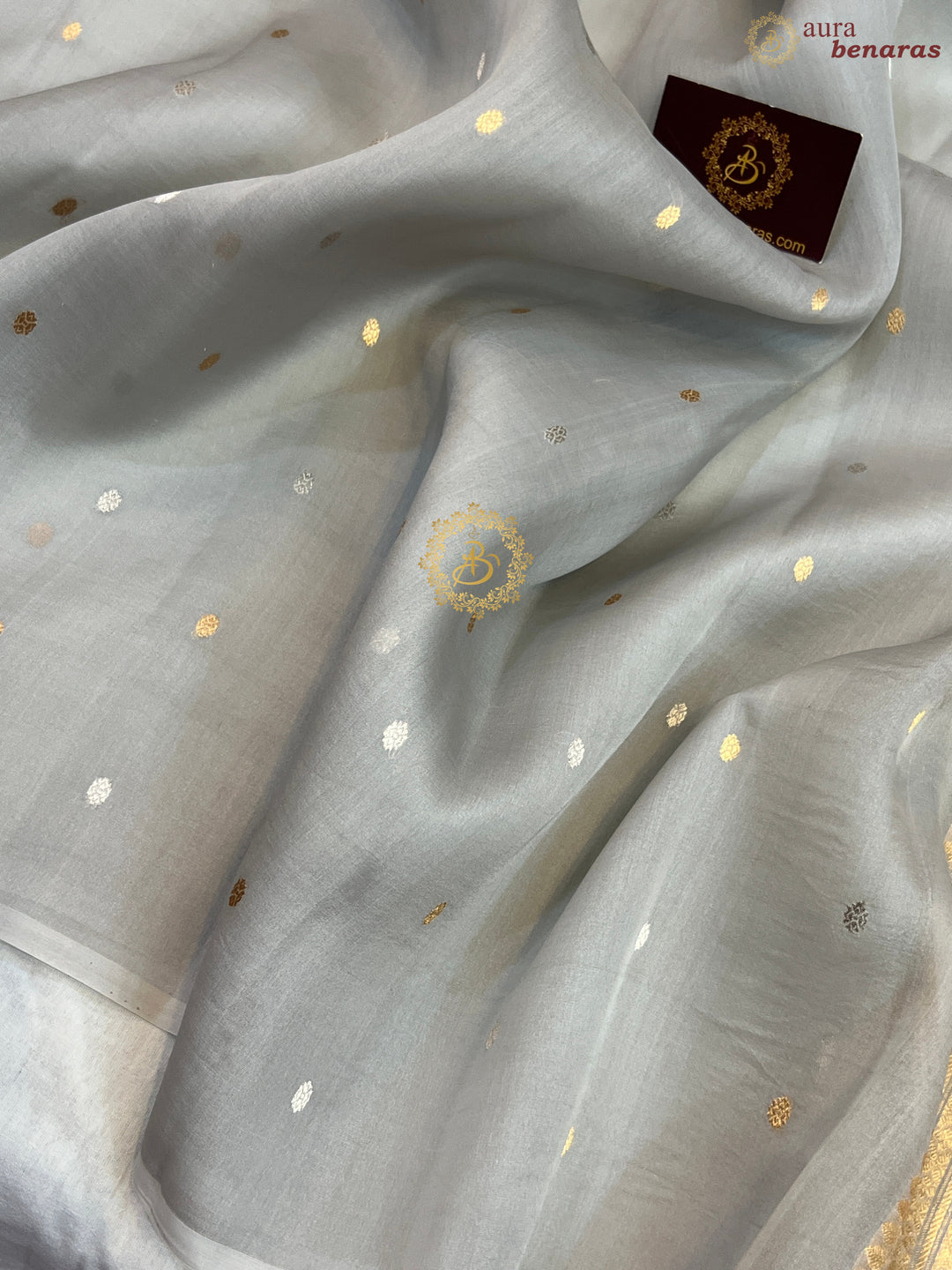 Ice Grey Pure Kora silk Handloom Banarasi Saree