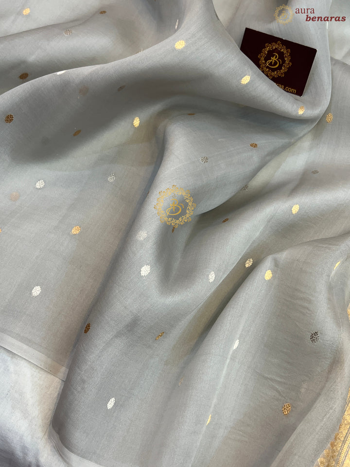 Ice Grey Pure Kora silk Handloom Banarasi Saree