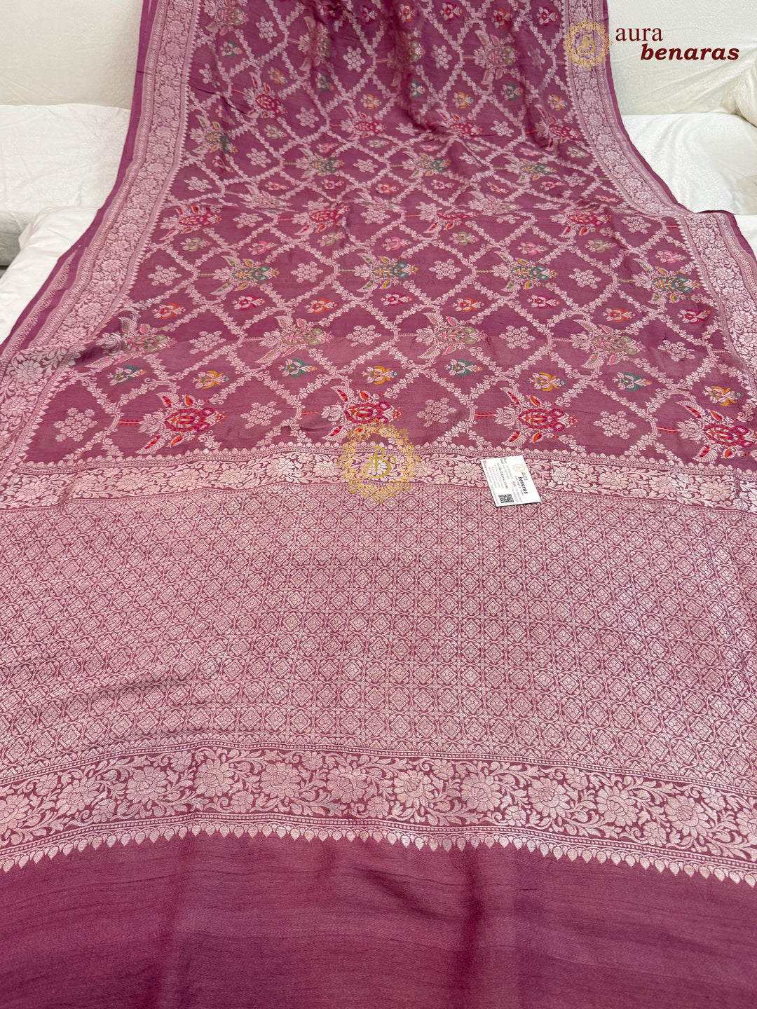 Onion Pink Banarasi Handloom Pure Tussar Georgette Saree - Aura Benaras