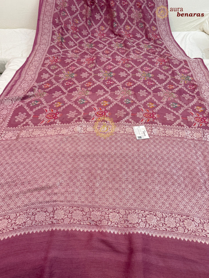 Onion Pink Banarasi Handloom Pure Tussar Georgette Saree - Aura Benaras