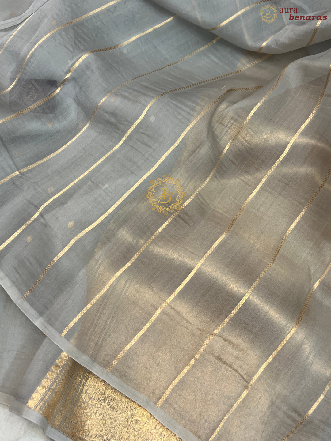 Ice Grey Pure Kora silk Handloom Banarasi Saree