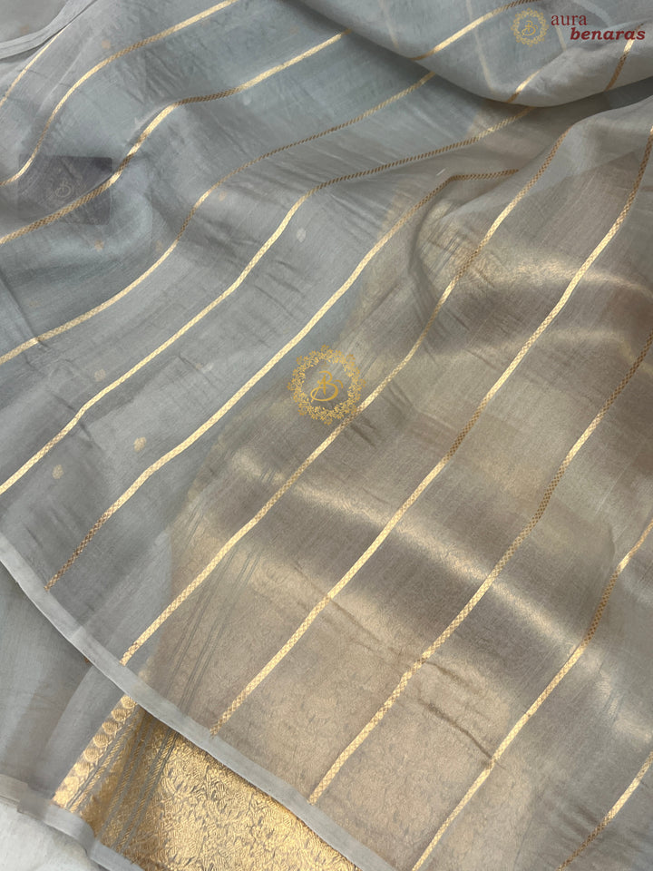 Ice Grey Pure Kora silk Handloom Banarasi Saree