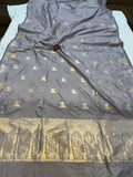 Grey Banarasi Handloom Katan Silk Saree - Aura Benaras