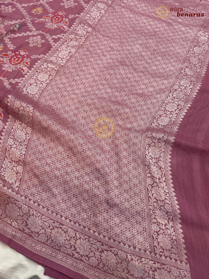Onion Pink Banarasi Handloom Pure Tussar Georgette Saree - Aura Benaras
