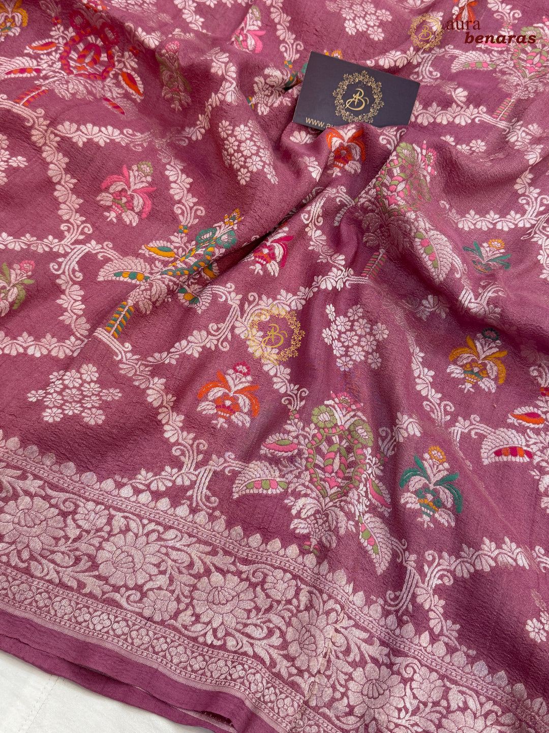 Onion Pink Banarasi Handloom Pure Tussar Georgette Saree - Aura Benaras