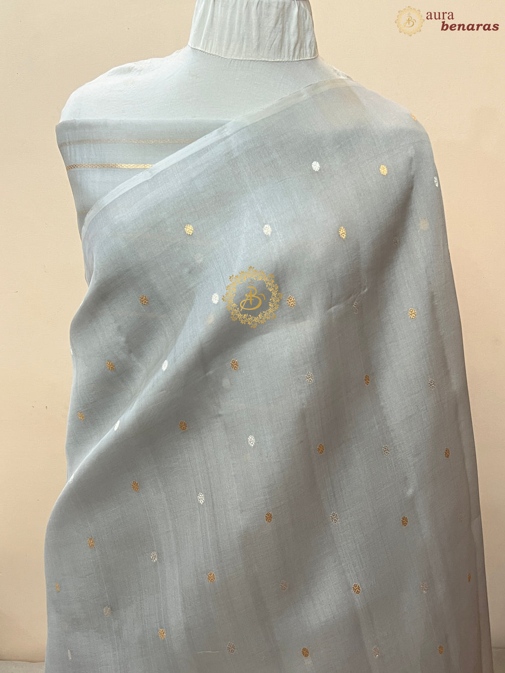 Ice Grey Pure Kora silk Handloom Banarasi Saree