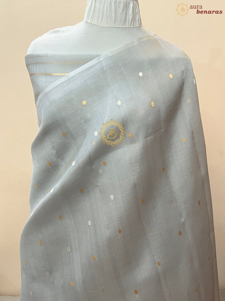Ice Grey Pure Kora silk Handloom Banarasi Saree