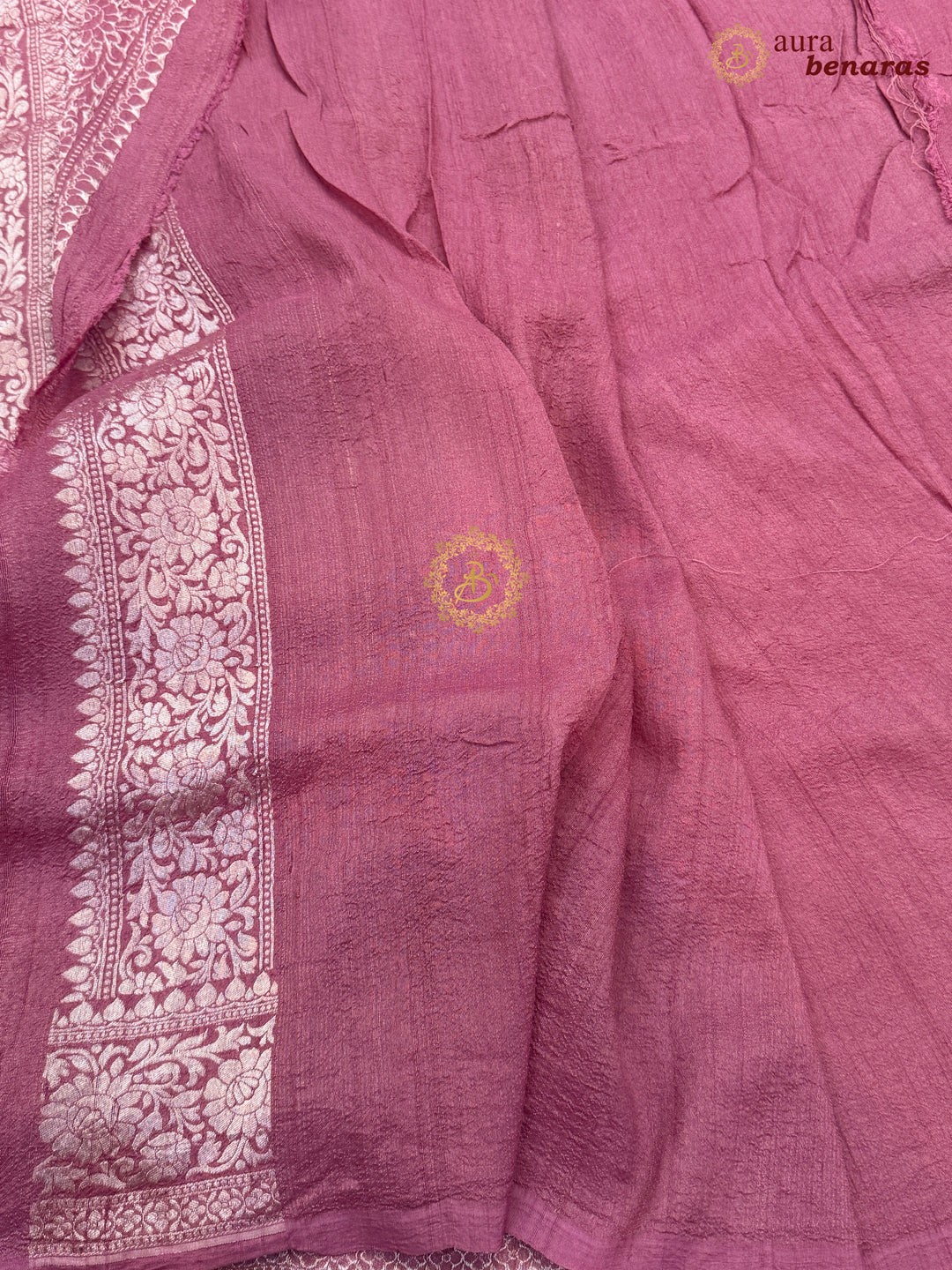 Onion Pink Banarasi Handloom Pure Tussar Georgette Saree - Aura Benaras