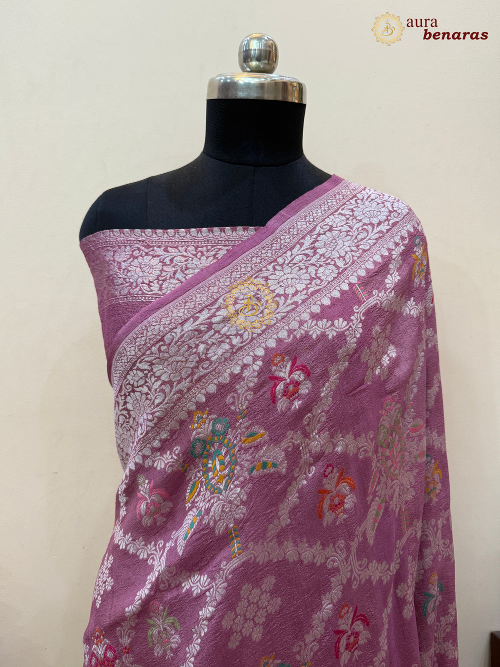 Onion Pink Banarasi Handloom Pure Tussar Georgette Saree - Aura Benaras