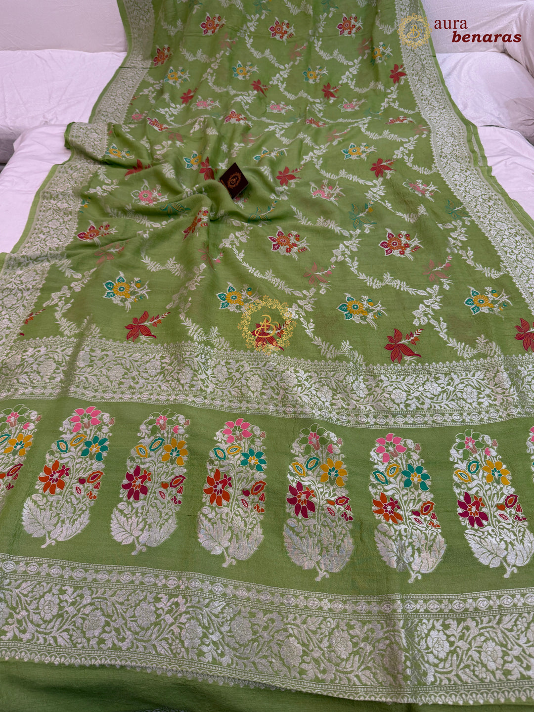 Pista Green Banarasi Handloom Pure Tussar Georgette Saree - Aura Benaras