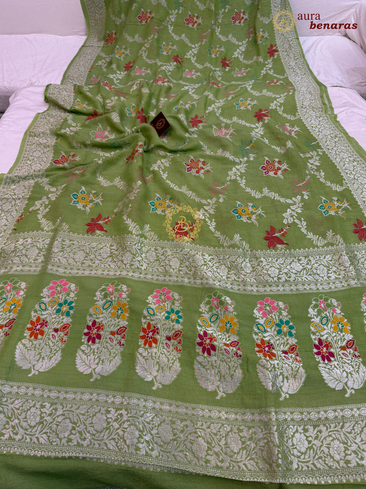 Pista Green Banarasi Handloom Pure Tussar Georgette Saree - Aura Benaras