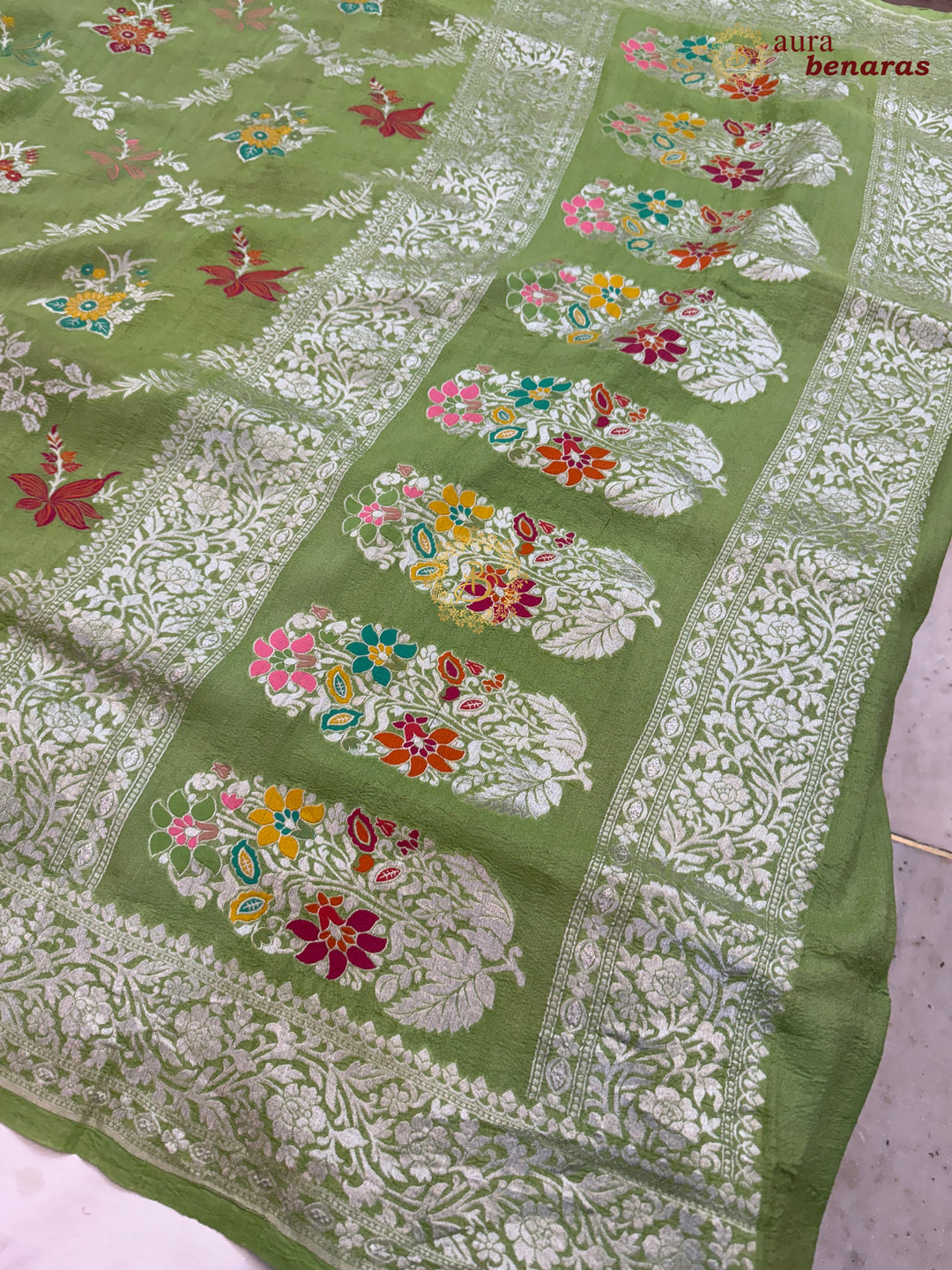 Pista Green Banarasi Handloom Pure Tussar Georgette Saree - Aura Benaras