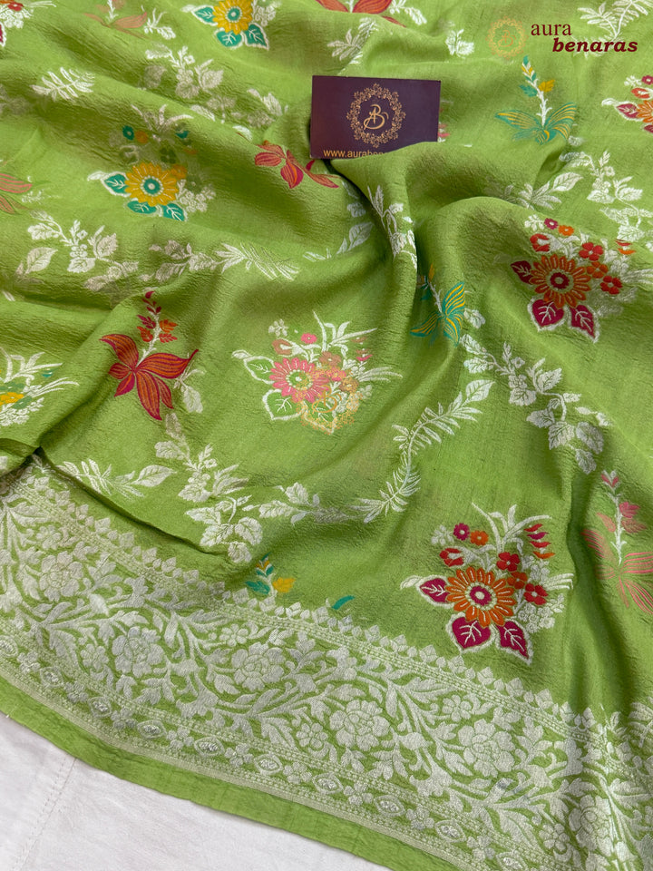 Pista Green Banarasi Handloom Pure Tussar Georgette Saree - Aura Benaras