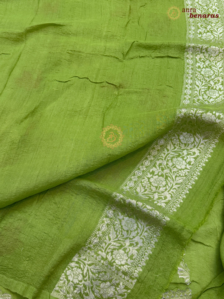 Pista Green Banarasi Handloom Pure Tussar Georgette Saree - Aura Benaras