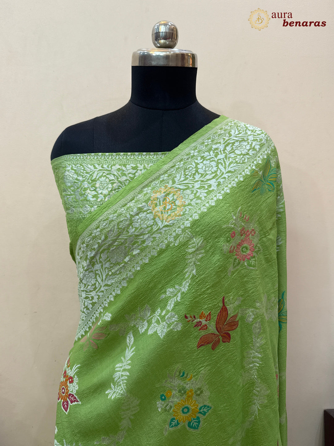 Pista Green Banarasi Handloom Pure Tussar Georgette Saree - Aura Benaras