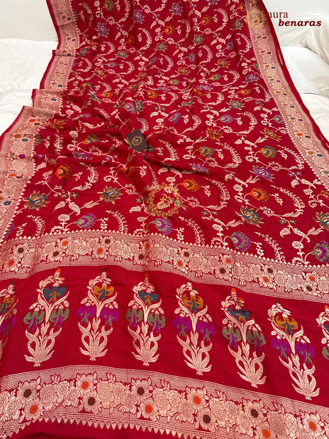 Red Banarasi Handloom Pure Tussar Georgette Saree - Aura Benaras