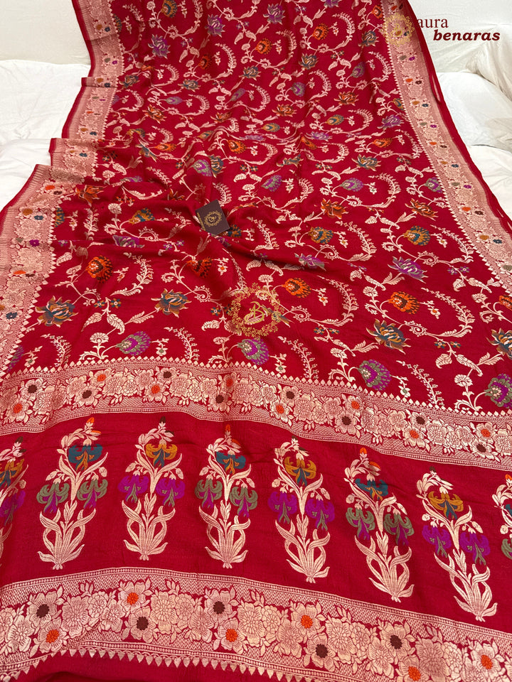 Red Banarasi Handloom Pure Tussar Georgette Saree - Aura Benaras