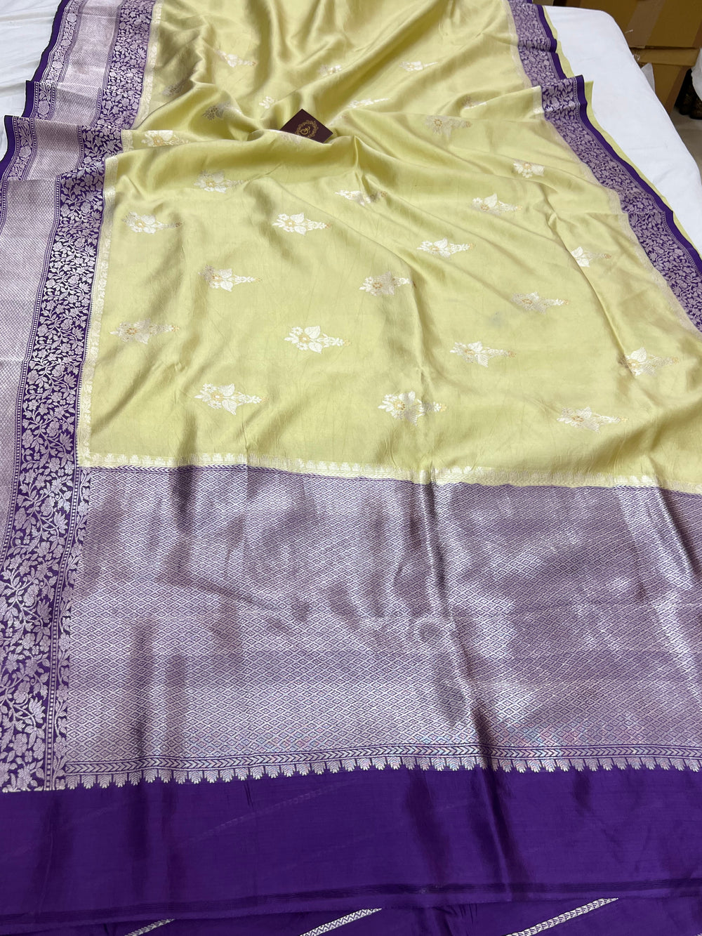 Creamish Yellow Pure Silk Banarasi Saree with Kadhwa Buti 