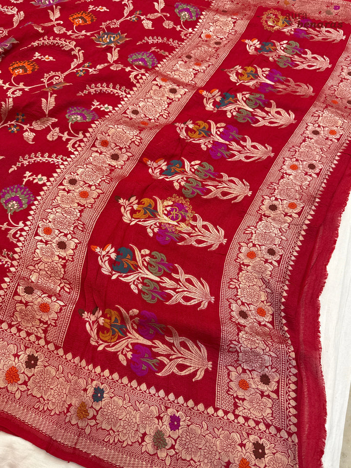 Red Banarasi Handloom Pure Tussar Georgette Saree - Aura Benaras