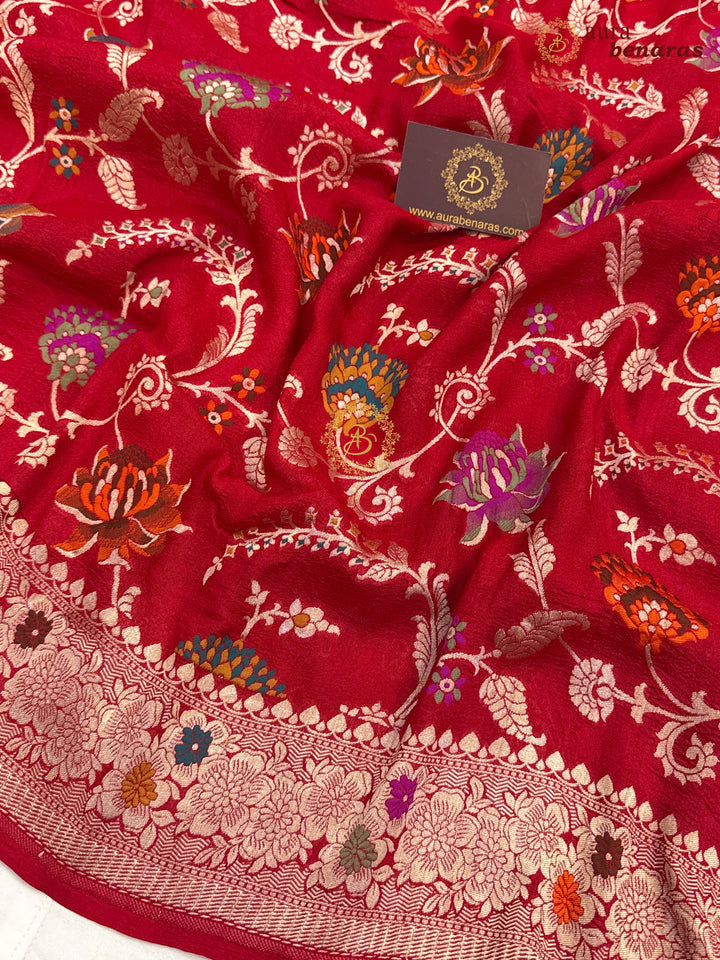 Red Banarasi Handloom Pure Tussar Georgette Saree - Aura Benaras