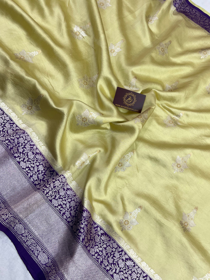 Creamish Yellow Pure Silk Banarasi Saree with Kadhwa Buti 