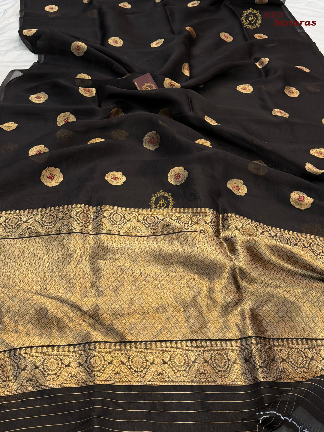 Black Pure Kora Silk Saree with Kadhwa Floral Butas & Meenakari