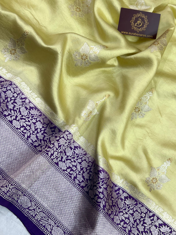 Creamish Yellow Pure Silk Banarasi Saree with Kadhwa Buti 