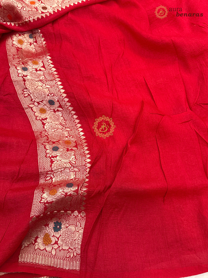 Red Banarasi Handloom Pure Tussar Georgette Saree - Aura Benaras