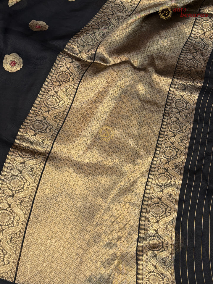 Black Pure Kora Silk Saree with Kadhwa Floral Butas & Meenakari