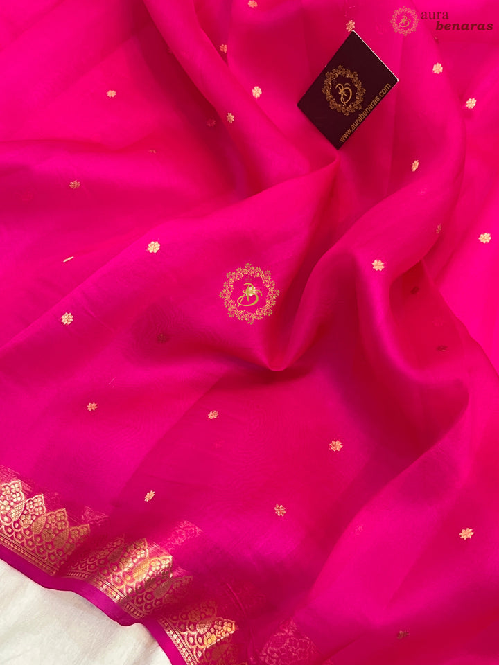 Rani Pink Pure Kora Silk Handloom Banarasi Saree
