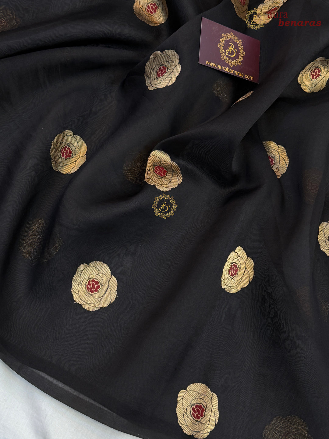 Black Pure Kora Silk Saree with Kadhwa Floral Butas & Meenakari