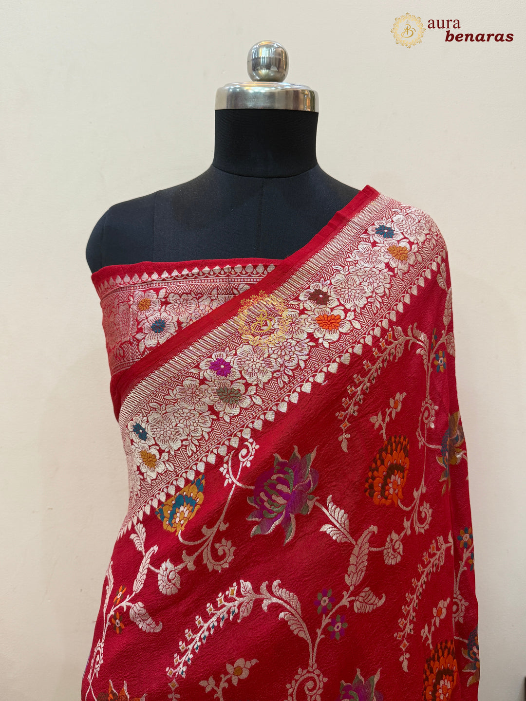 Red Banarasi Handloom Pure Tussar Georgette Saree - Aura Benaras