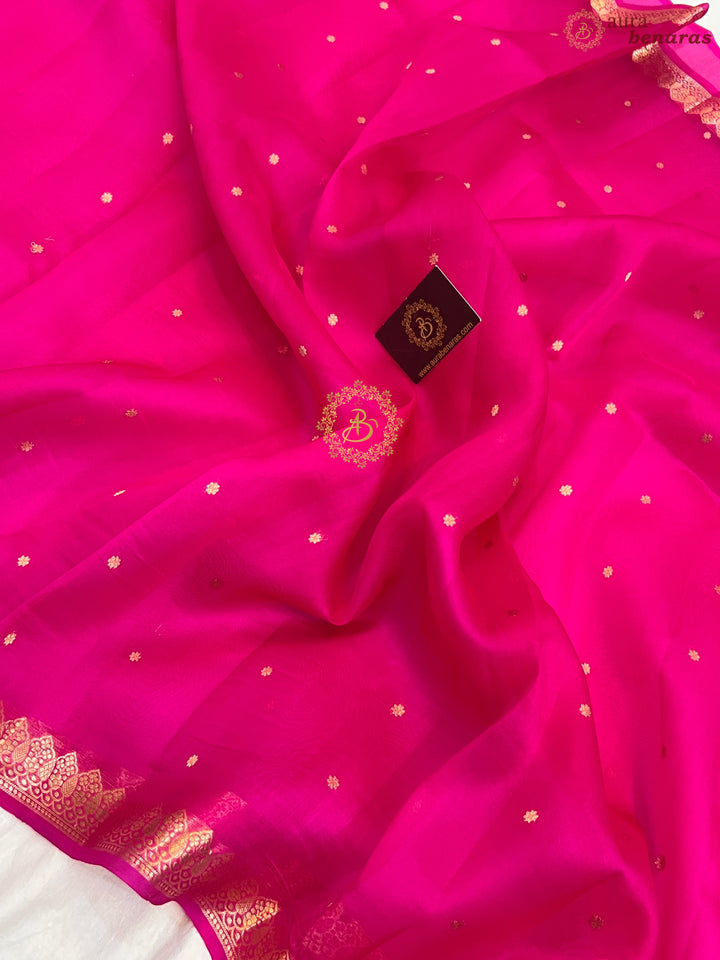 Rani Pink Pure Kora Silk Handloom Banarasi Saree