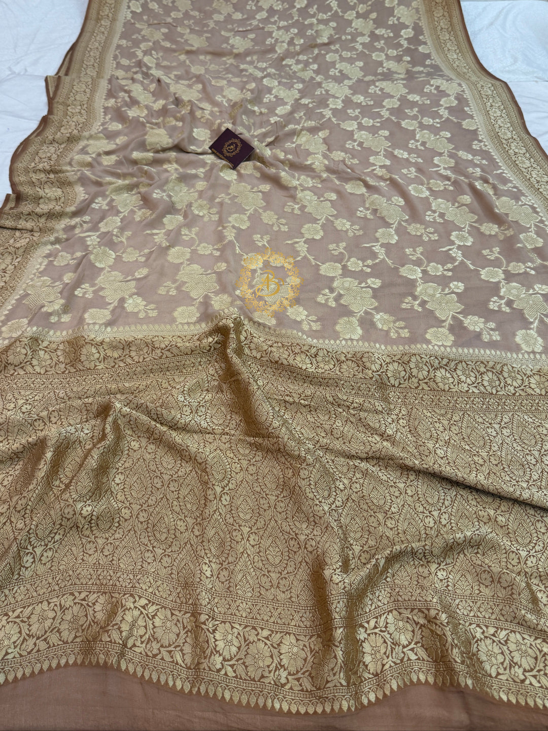 Beige Pure Banarasi Khaddi Georgette Saree | floral jaal