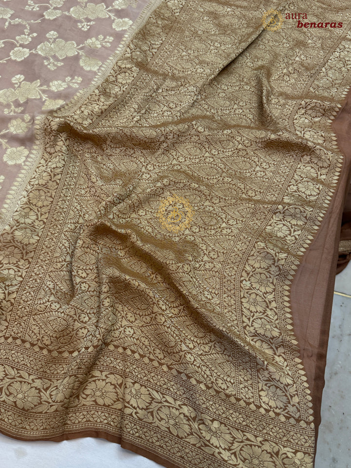 Beige Pure Banarasi Khaddi Georgette Saree | floral jaal
