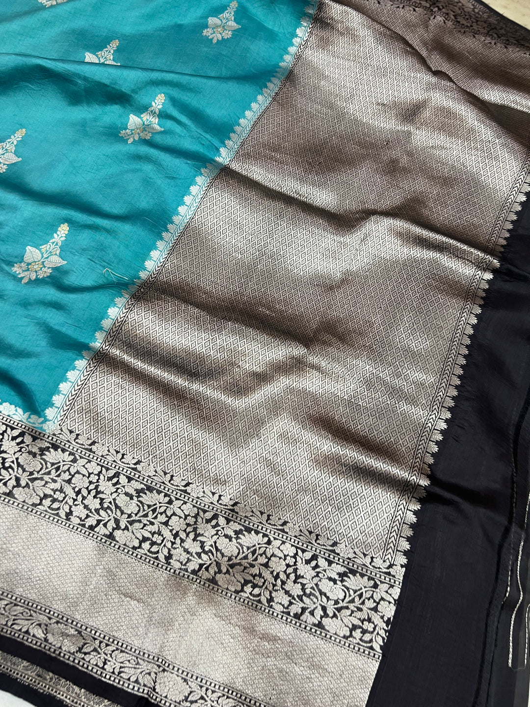 Teal Pure Silk Banarasi Saree with Kadhwa Buti 