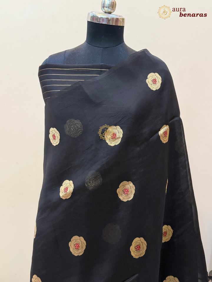 Black Pure Kora Silk Saree with Kadhwa Floral Butas & Meenakari