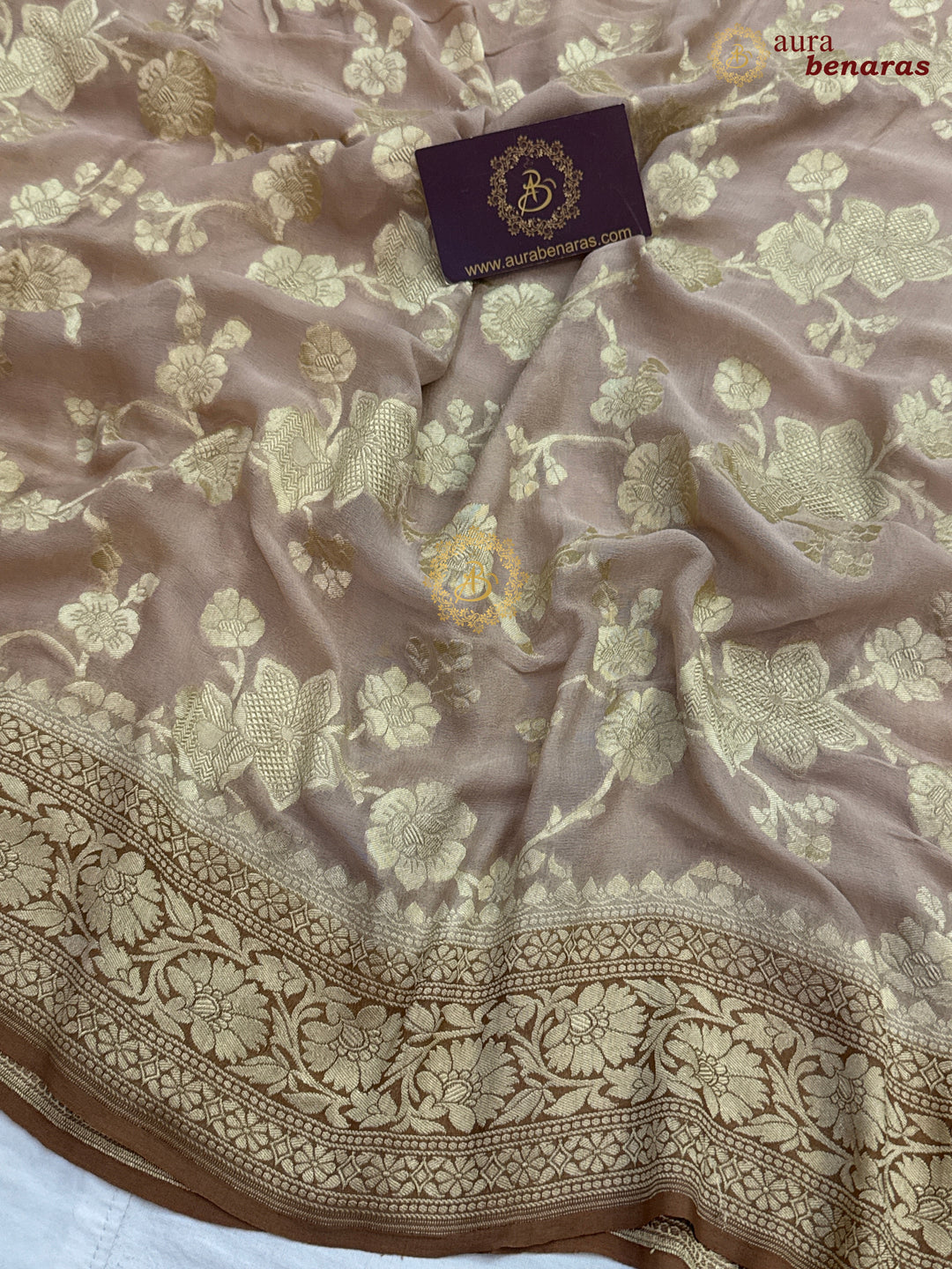 Beige Pure Banarasi Khaddi Georgette Saree | floral jaal