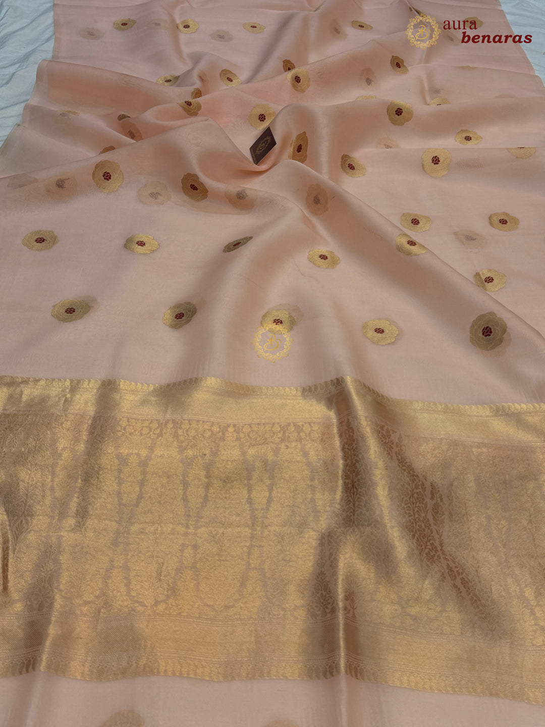 Patel Peach Pure Kora Silk Saree with Kadhwa Floral Butas & Meenakari
