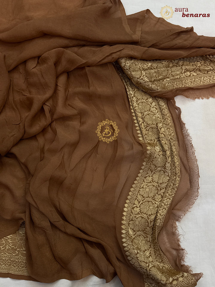 Beige Pure Banarasi Khaddi Georgette Saree | floral jaal