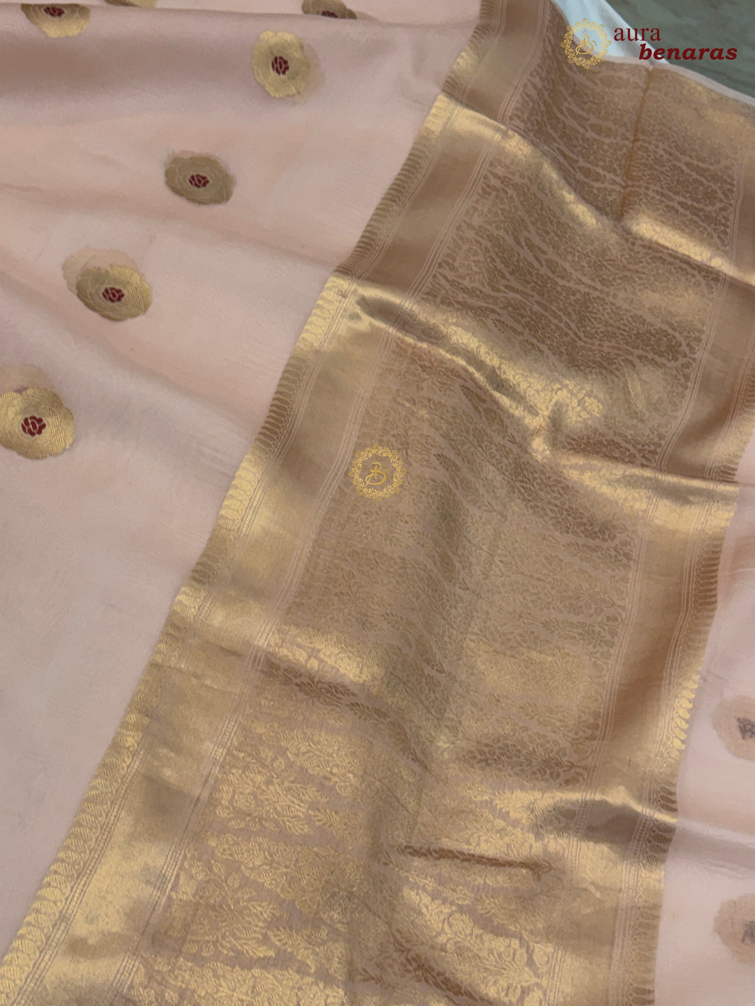 Patel Peach Pure Kora Silk Saree with Kadhwa Floral Butas & Meenakari